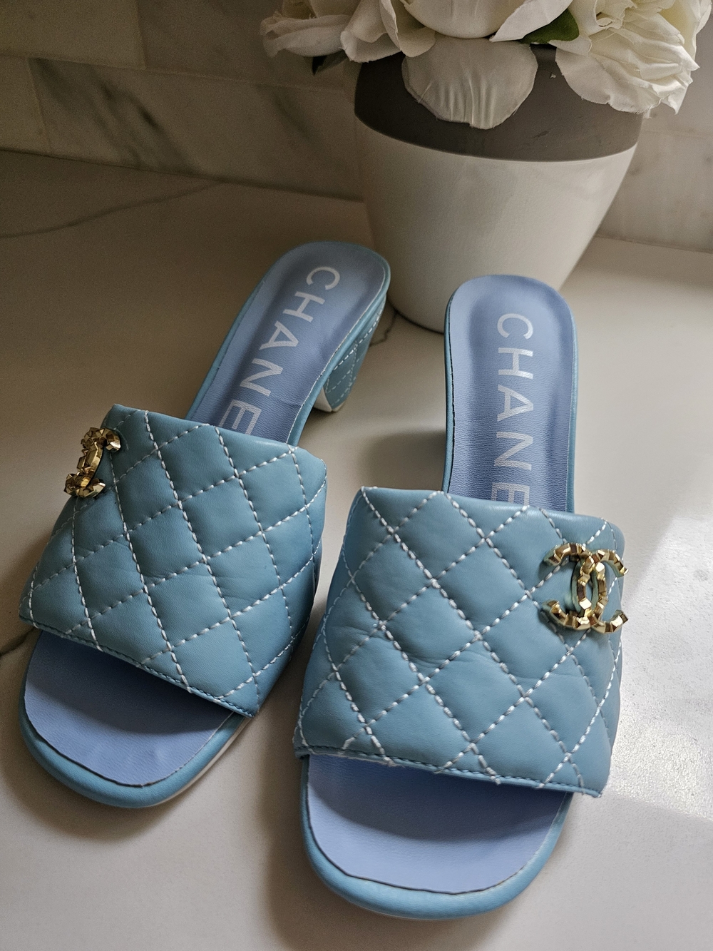 Blue Quilted Slide Sandals